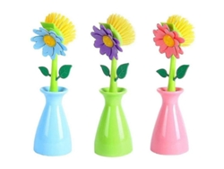 3 cepillos de cocina de manga larga, con forma de flor, de color azul, verde y rosa, para utensilios.