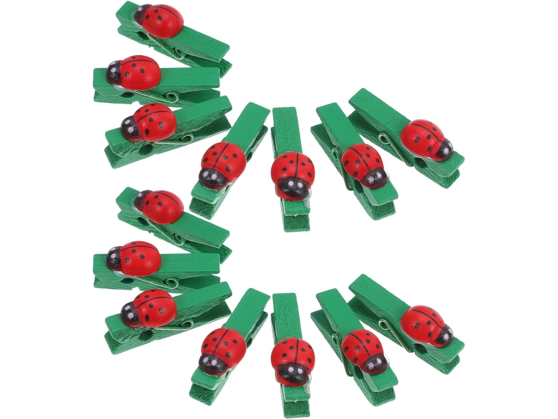 Juego 30 Pinzas Madera Miniatura Forma Mariquita Color Verde Sujetar Tarjetas Notas Ideales Actividades