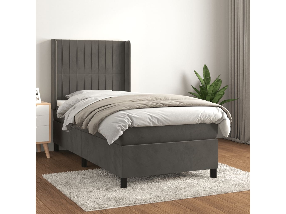 Cama Box Spring Con Colchón Terciopelo Gris Oscuro 100x200 Cm