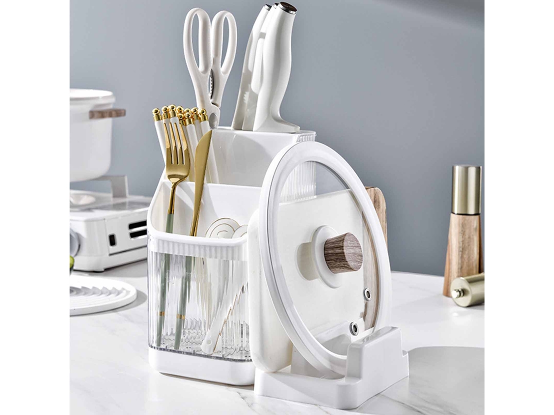 Porta Cuchillos Y Utensilios De Cocina Con Bandeja De Drenaje, Organizador Transparente Para Contador, Blanco