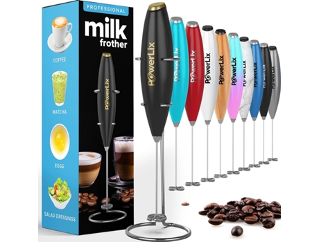 POWERLIX Espumador de Leche Eléctrico de Mano Batidora Leche Espuma Con Soporte de Acero Inoxidable 15-20S Potente 19000 Rpm Batidor para Café