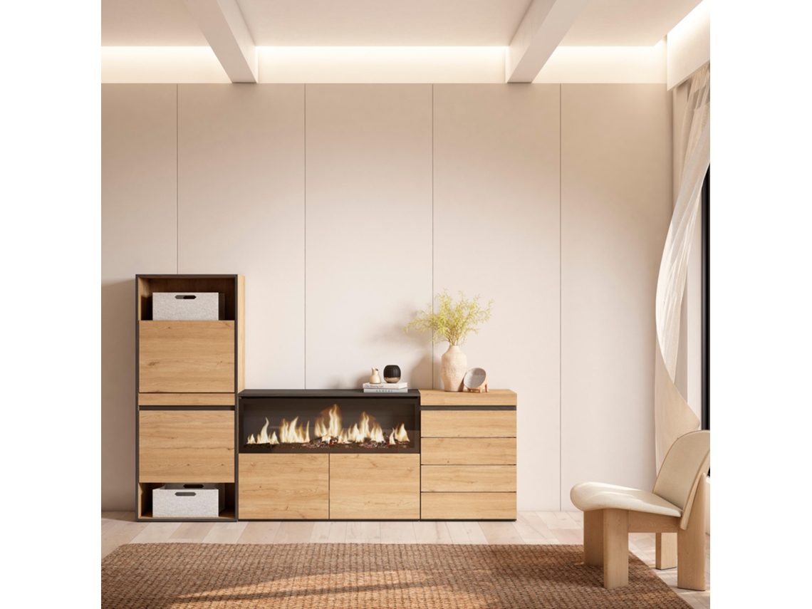 Zapatero, 224x145x35 cm, Dormitorio, habitación, Chimenea eléctrica XXL, Cómoda, Cajonera, Roble SKRAUT HOME