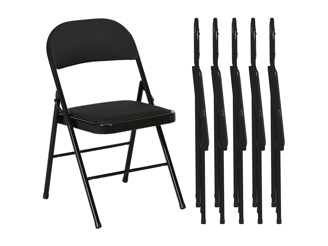 Juego de 6 sillas plegables con asiento acolchado, poliéster y estructura de acero, color negro.