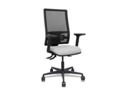 Silla de oficina Bormate con mecanismo asíncrono, tapizada en tela gris claro y malla negra.
