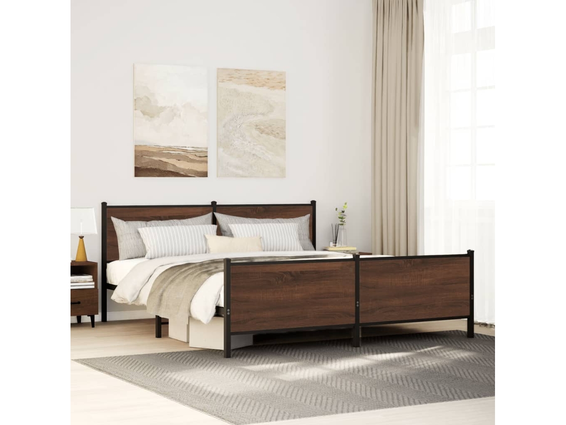 Estructura De Cama Sin Colchón Metal Roble Marrón 193x203 Cm
