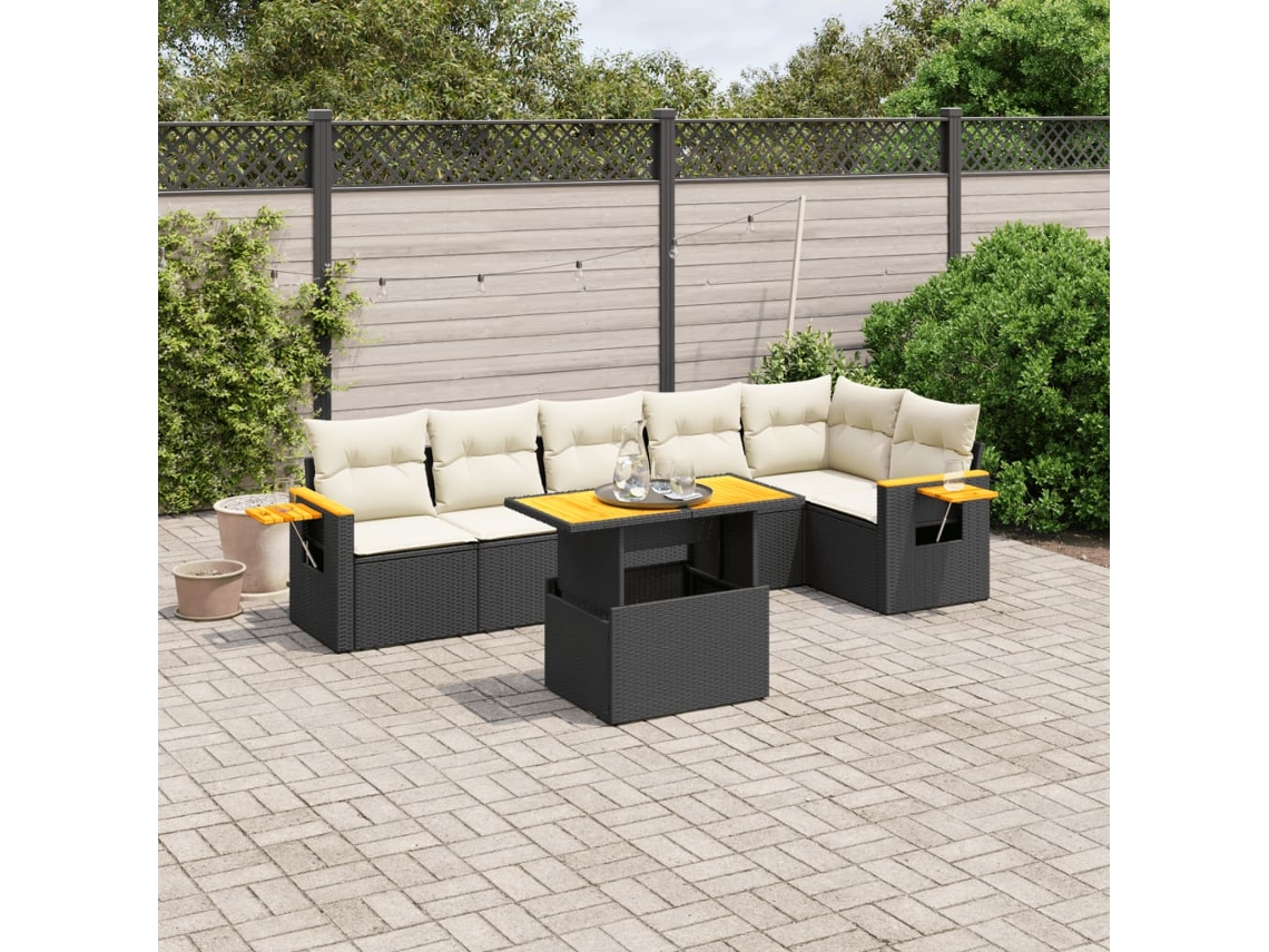 Conjunto de sofá de jardín de 7 piezas con cojines, ratán negro, Dkd Home Decor