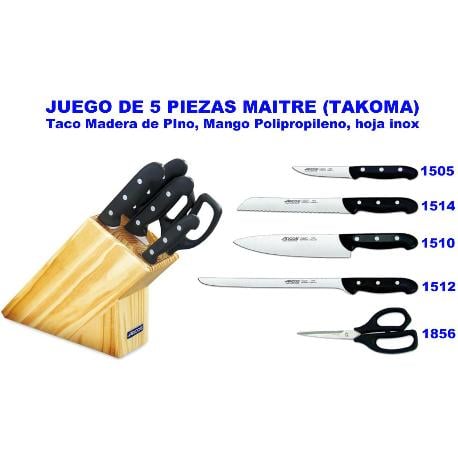 Arcos Maitre Juego de cuchillos 5 piezas 4 cocina 1 tijeras acero inoxidable nitrum mango tacoma pino 152100 pz y polipropileno