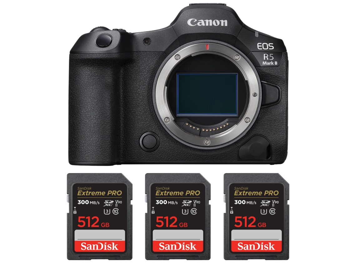 Canon EOS R5 Mark II + 3 tarjetas Sandisk de 512 GB UHS II de 300 MB/s + libro electrónico “20 consejos para fotos impresionantes”