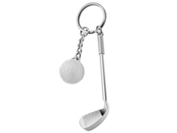 Llavero de metal plateado con forma de palo de golf, modelo en miniatura con temática de golf.