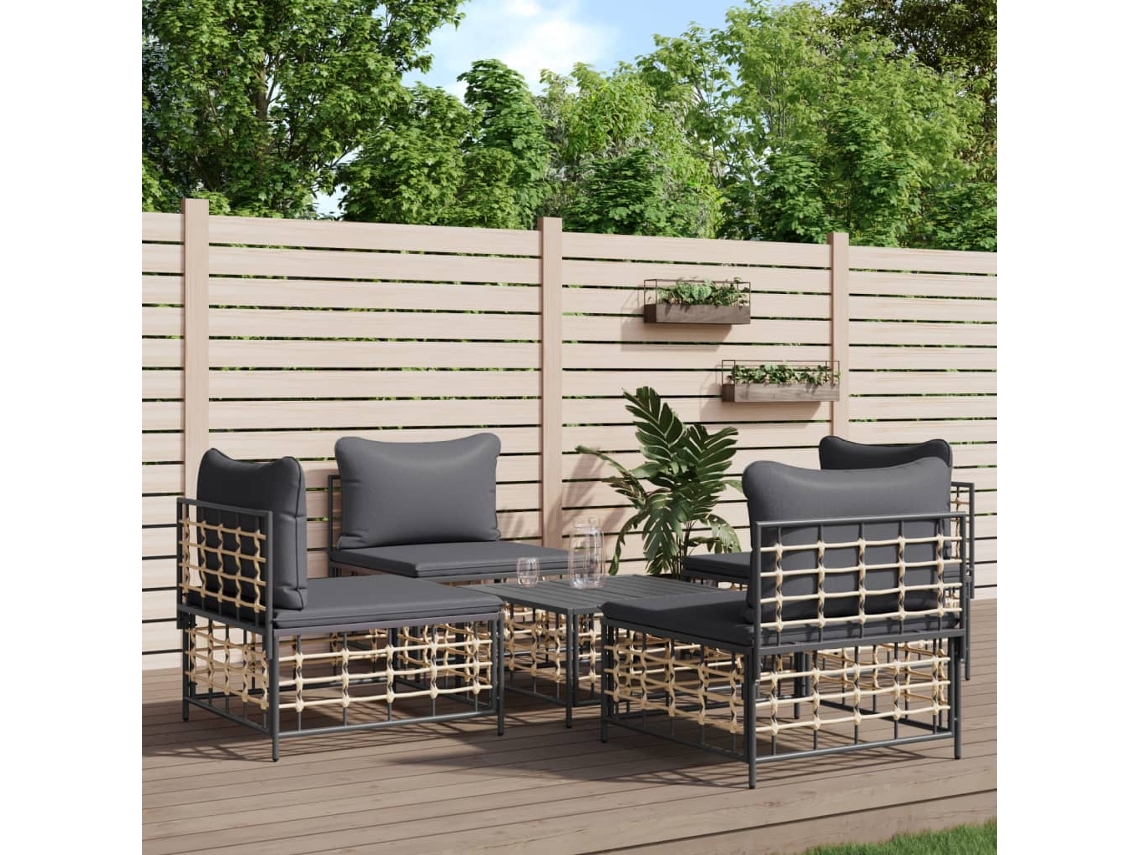 Conjunto de muebles de jardín con cojines de mimbre antracita, Dkd Home Decor