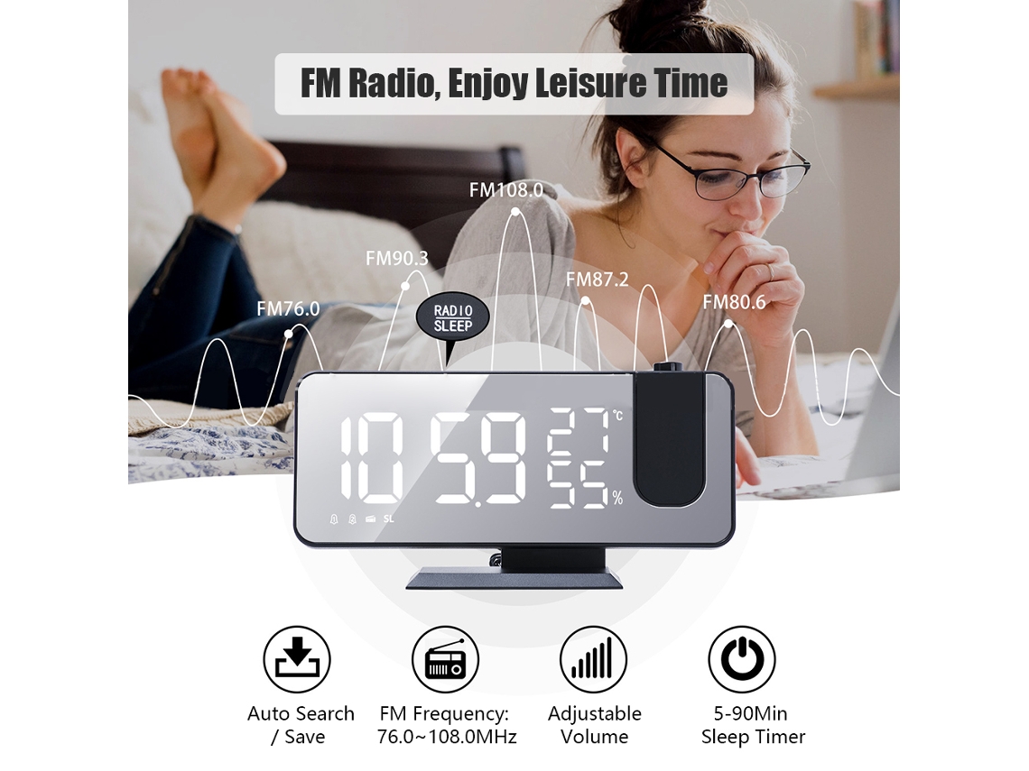 Reloj Despertador Digital Con Proyección De 180°, Termómetro, Higrómetro, Radio Fm Y Cargador Usb.
