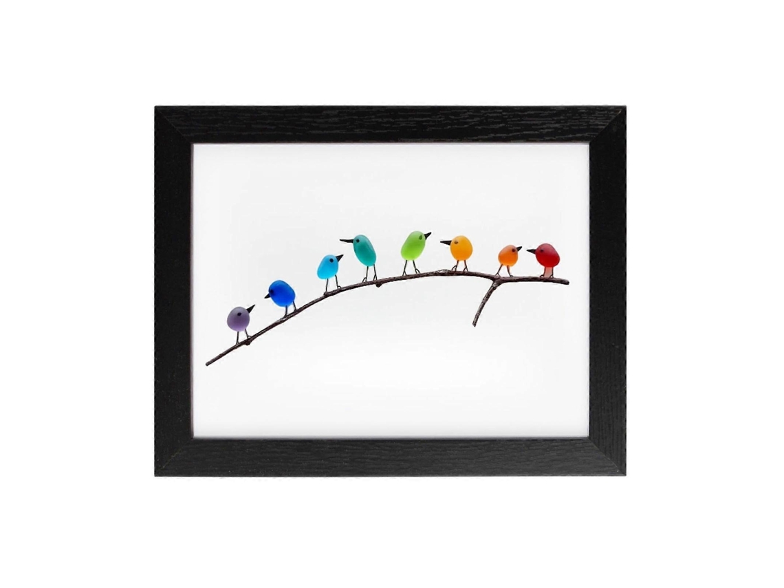 Adorno de pared de pájaros arcoíris en vidrio marino, exclusivo adorno de pájaros arcoíris enmarcado y hecho a mano.
