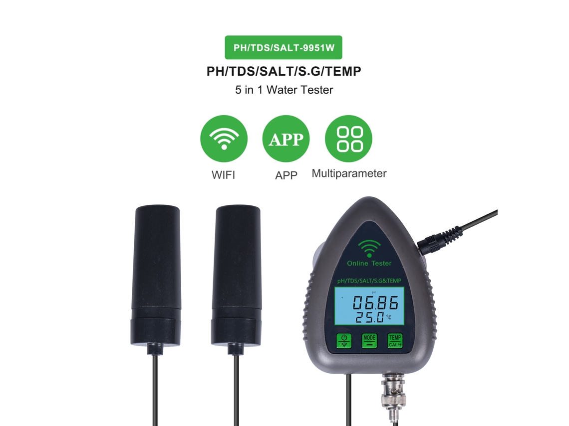 Medidor De Calidad Del Agua Tuya 5 En 1 Con Wifi: Ph, Sólidos Disueltos Totales, Densidad Específica, Salinidad Y Temperatura Para Acuarios Y Piscinas.