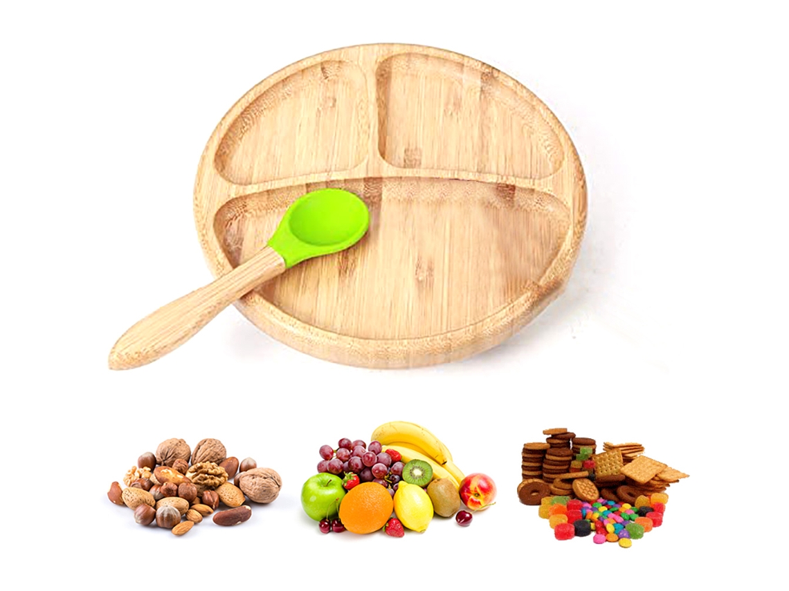 Plato Portátil De Bambú Para Alimentar Al Bebé Con Ventosa Antiderrame Y Cuchara.