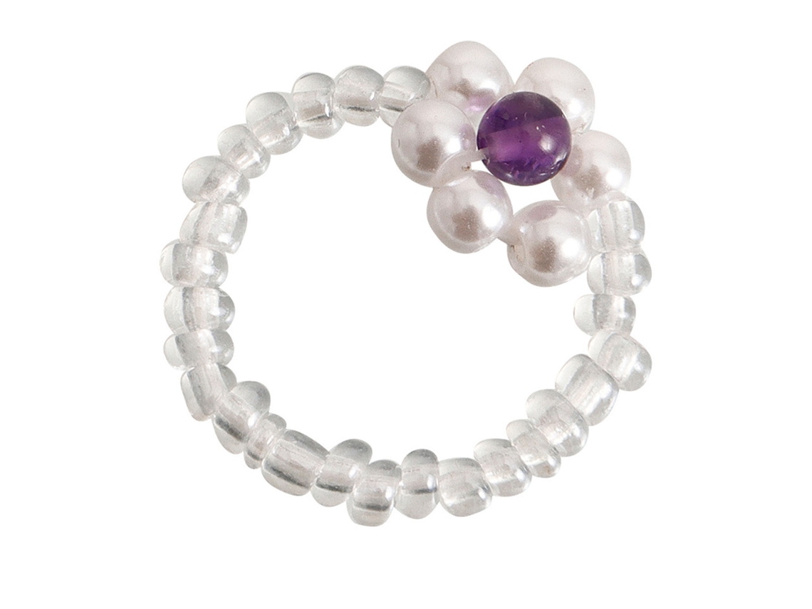 Lindo Anillo Elástico Floral Con Cuentas Para Mujer, Hipoalergénico, Morado, Talla Única.