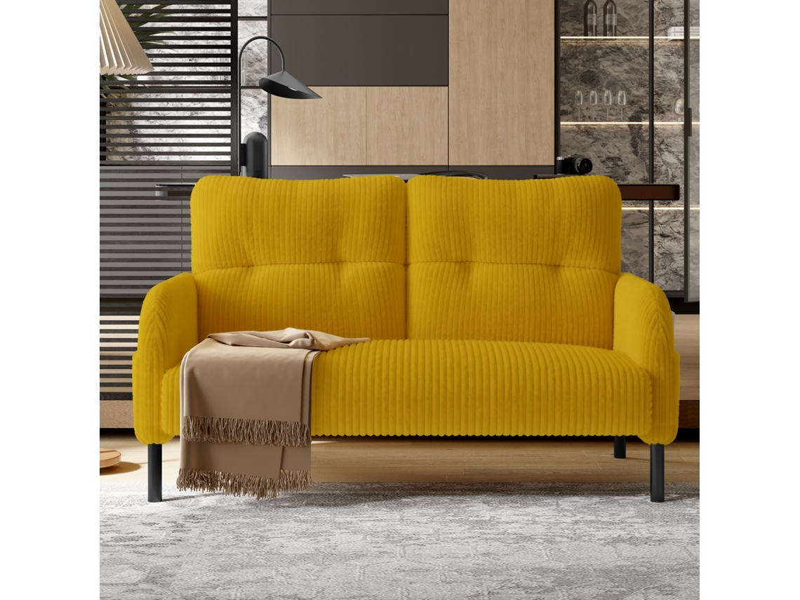 Sofá de 3 piezas, puf de 2 plazas, estructura de acero con bolsillo lateral y respaldo extra suave, color amarillo mostaza.