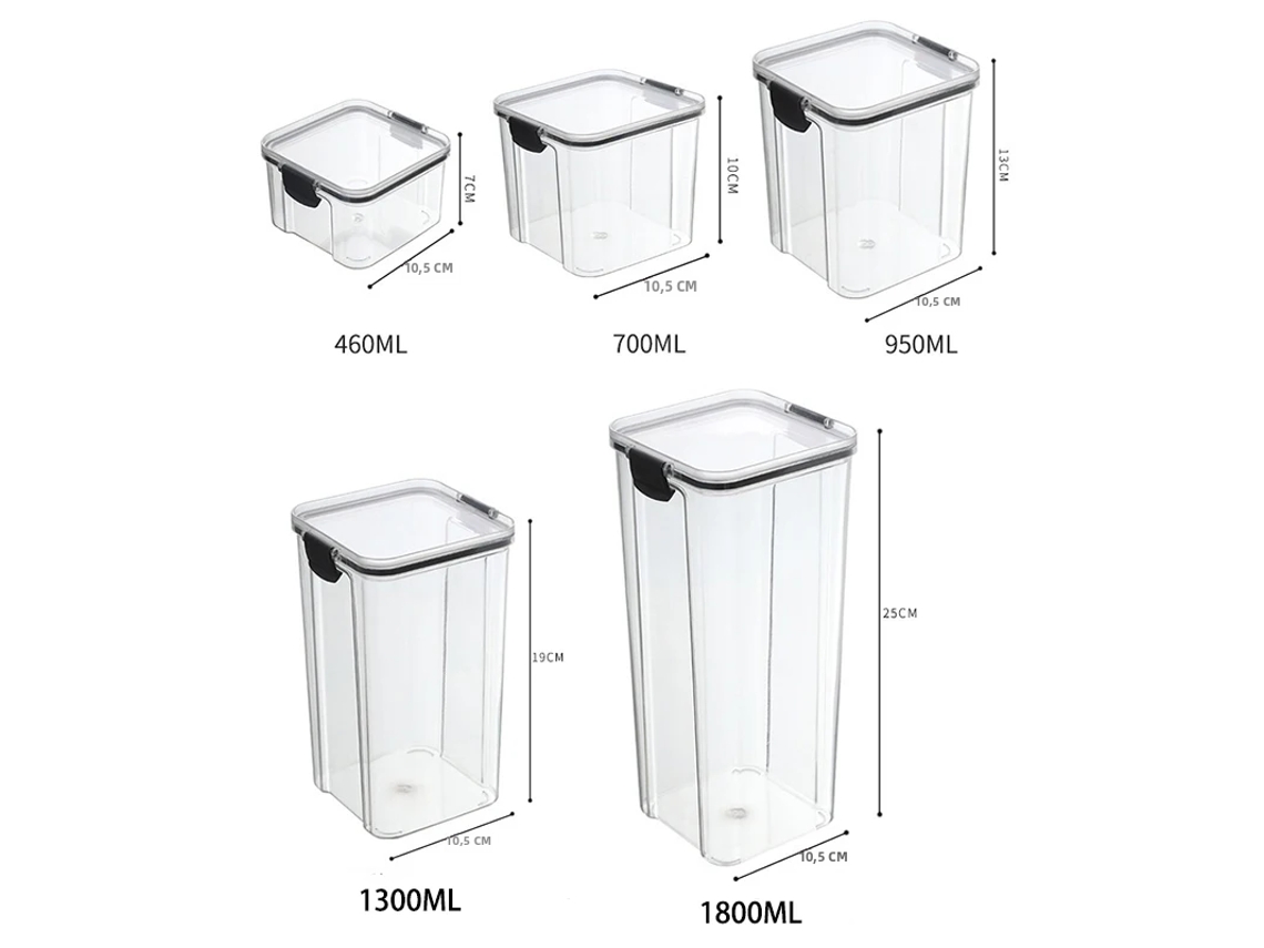 Juego MDUG con 5 recipientes herméticos de plástico transparente para almacenar alimentos, con capacidades de 460, 700, 950, 1300 y 1800 ml