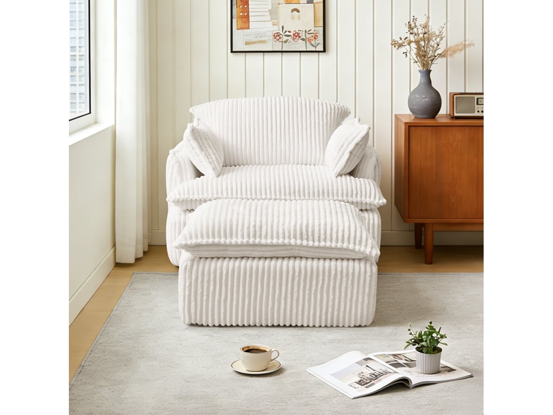 Sillón reclinable con reposapiés, tejido suave, convertible para espacios pequeños, 115x89x77 cm, beige.