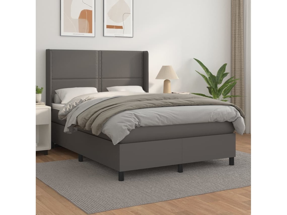 Cama Box Spring Con Colchón Cuero Sintético Gris 140x190 Cm