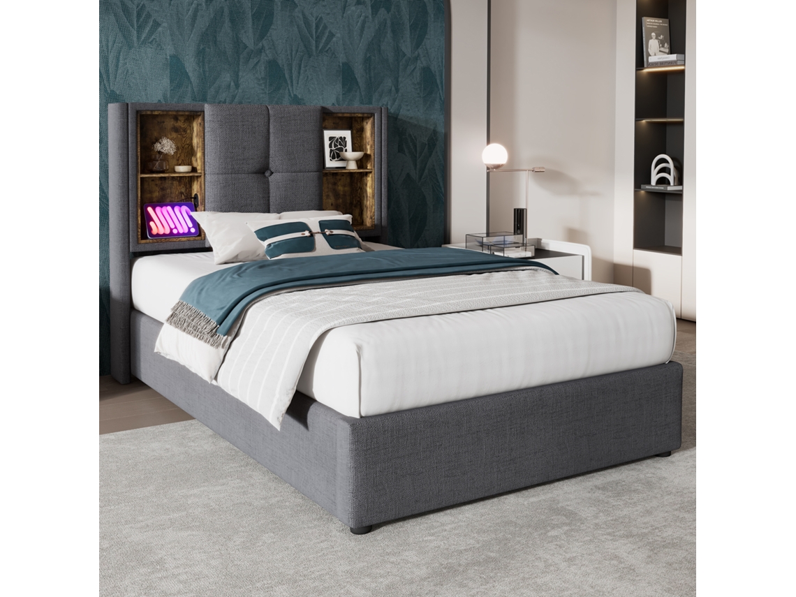 Cama De Algodón Gris De 90x200 Con Usb-c