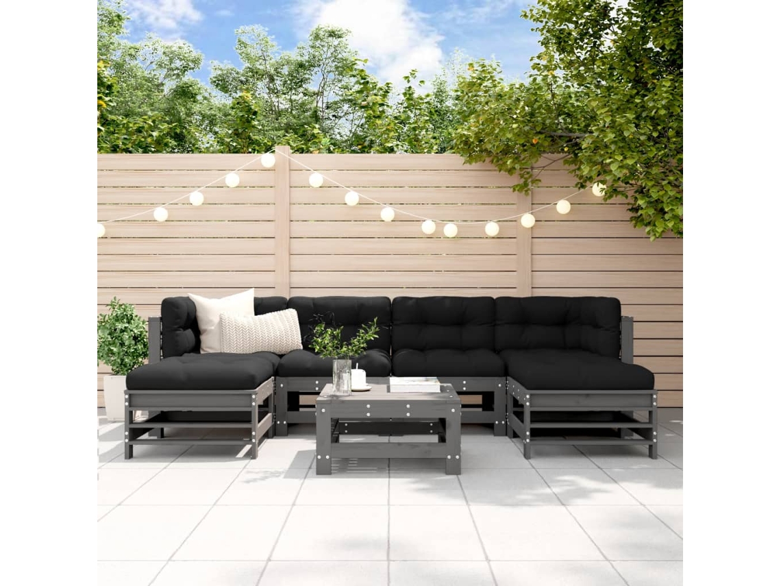 Conjunto de jardín DKD Home Decor de 7 piezas con cojines de madera maciza en gris