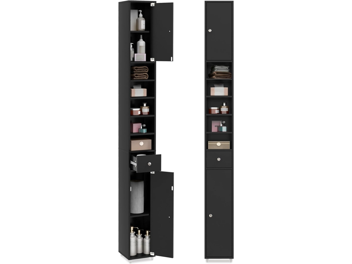 Armario Alto de Baño, Armario Delgado de Baño Alto con 2 Puertas, 1 Cajón y 5 Estantes Ajustables, Mueble Columna de Baño COSTWAY