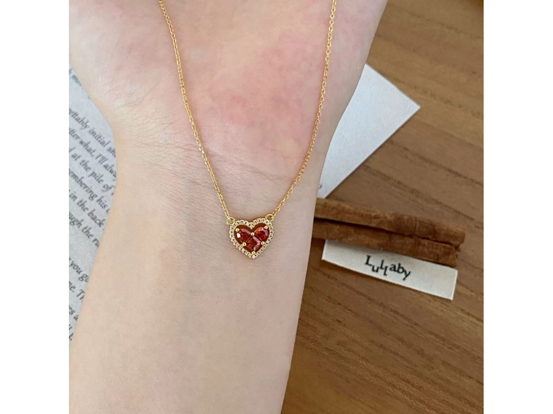 (oro) Collar Con Colgante De Circonita Roja Granada En Forma De Corazón, De Plata De Ley S925, Con Un Diseño Lujoso, Sofisticado Y Discreto.