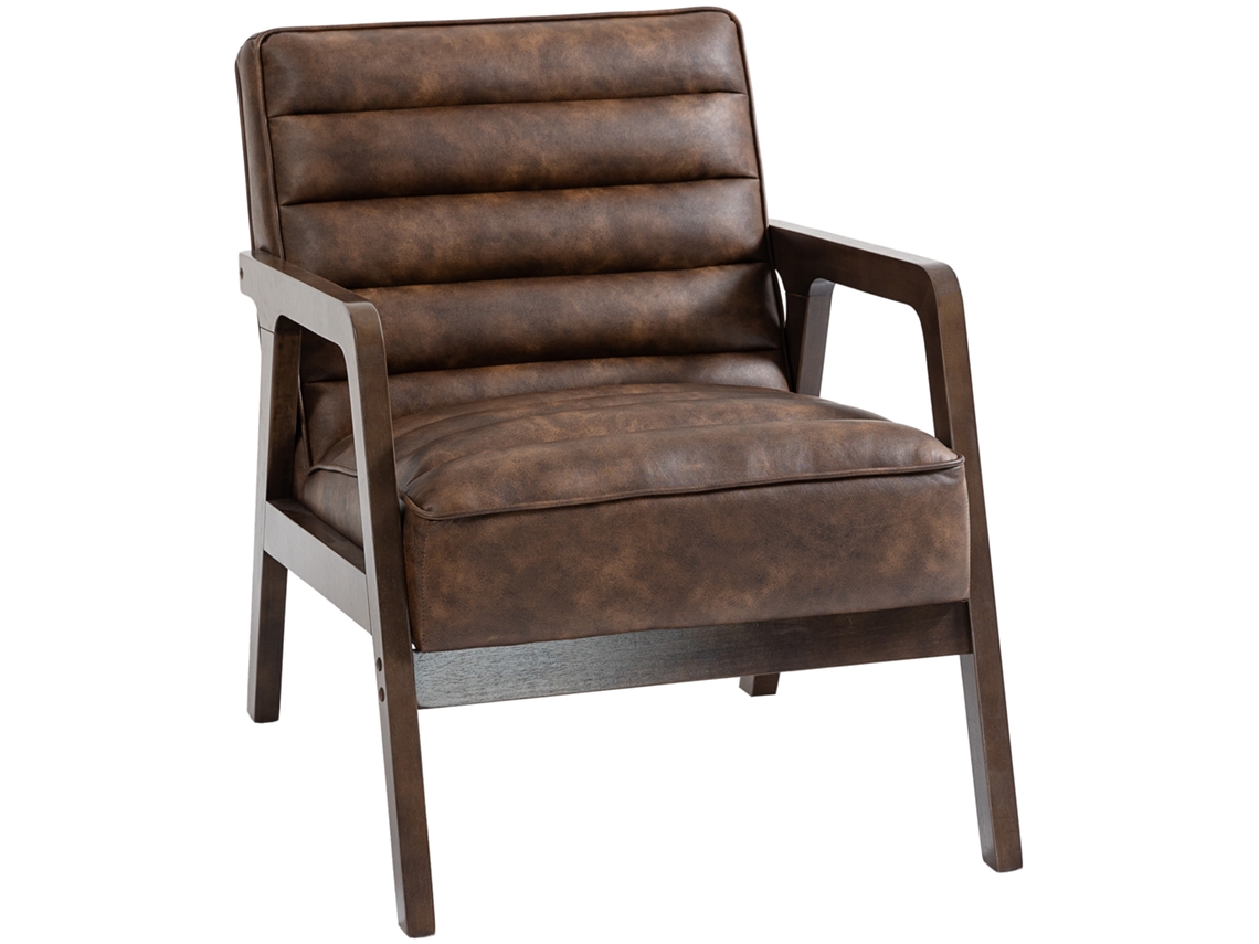 Poltrona Vintage Couro Sintético Almofada Espessa Madeira Maciça 64x79,5x80cm Castanho