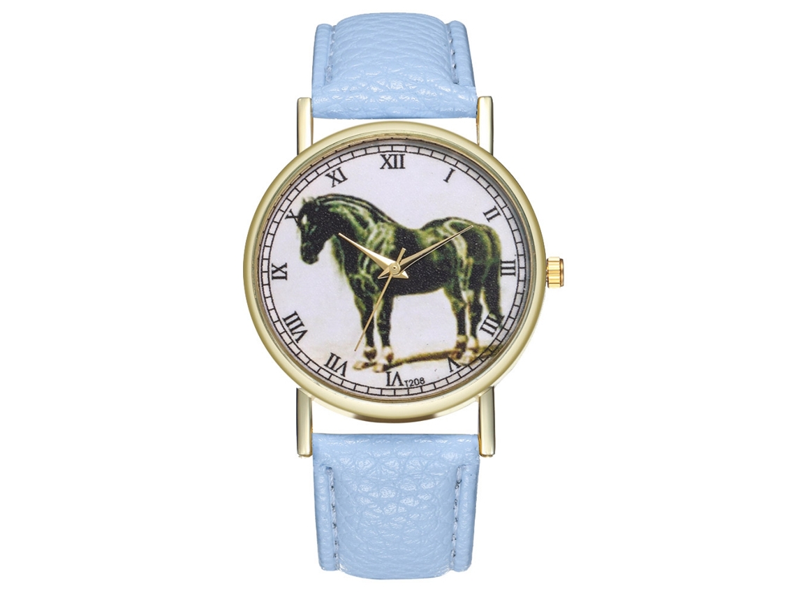 Reloj De Pulsera Unisex Informal Con Estampado De Caballo Negro Y Movimiento De Cuarzo Azul Claro.