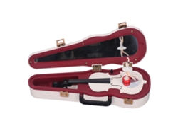 Pequeña caja de música Baok con forma de violín clásico y una bailarina giratoria, ideal para decorar mesas blancas.