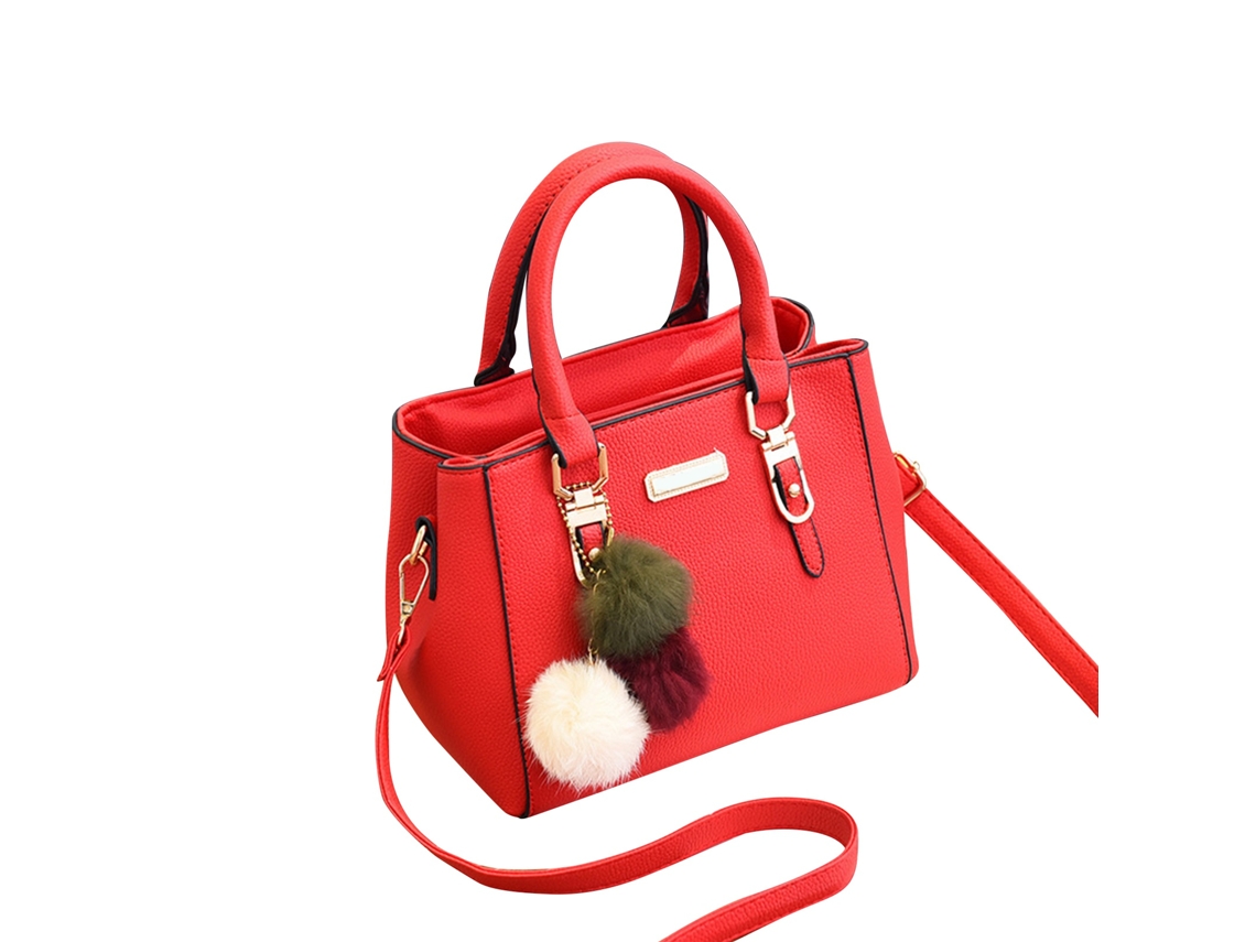 Bolso De Mujer De Pu, Estilo Lichi, Colgante De Pompón, Bolso De Mano/bandolera De Gran Capacidad, Rojo.