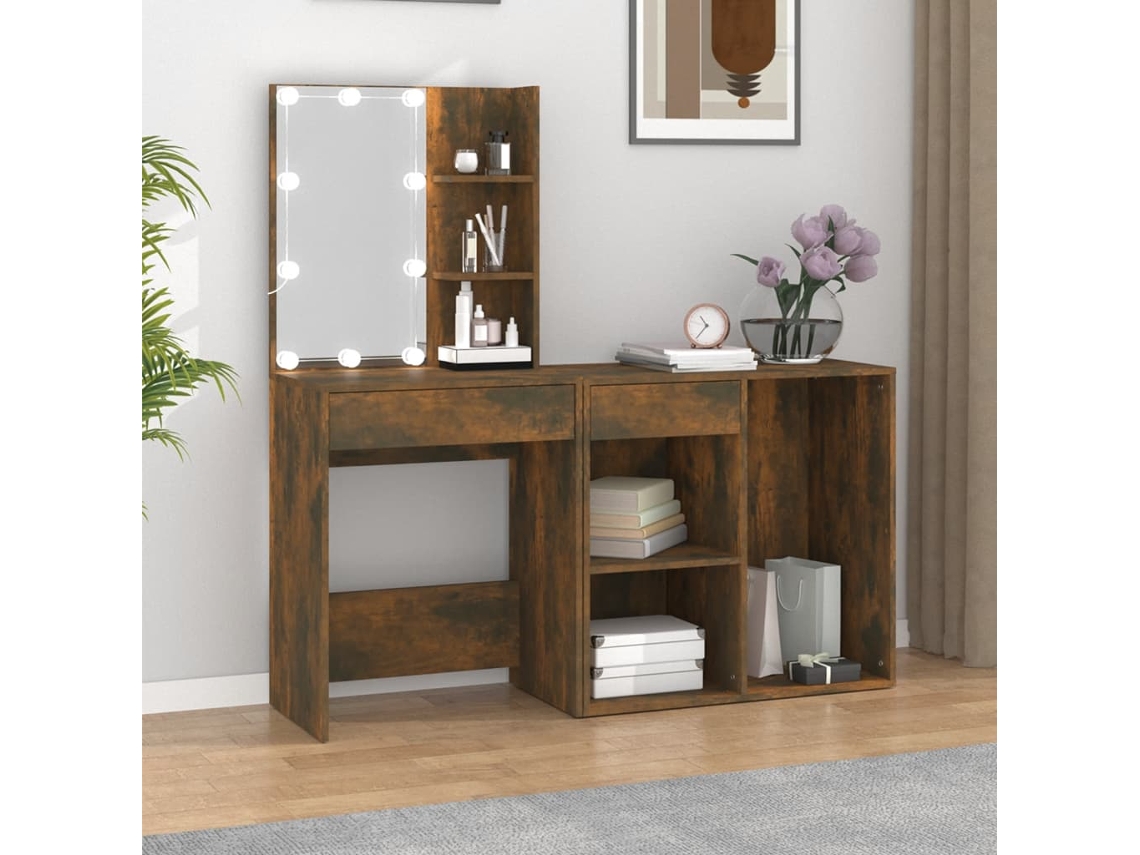Tocador | Mesa De Vestidor Con Leds Y Armario Madera Contrachapada Roble Ahumado