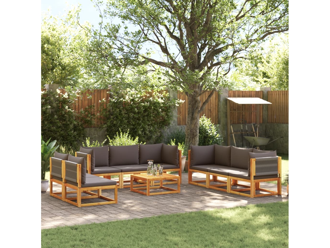 Conjunto de sofá de jardín de 9 piezas con cojines de madera maciza de acacia, Dkd Home Decor