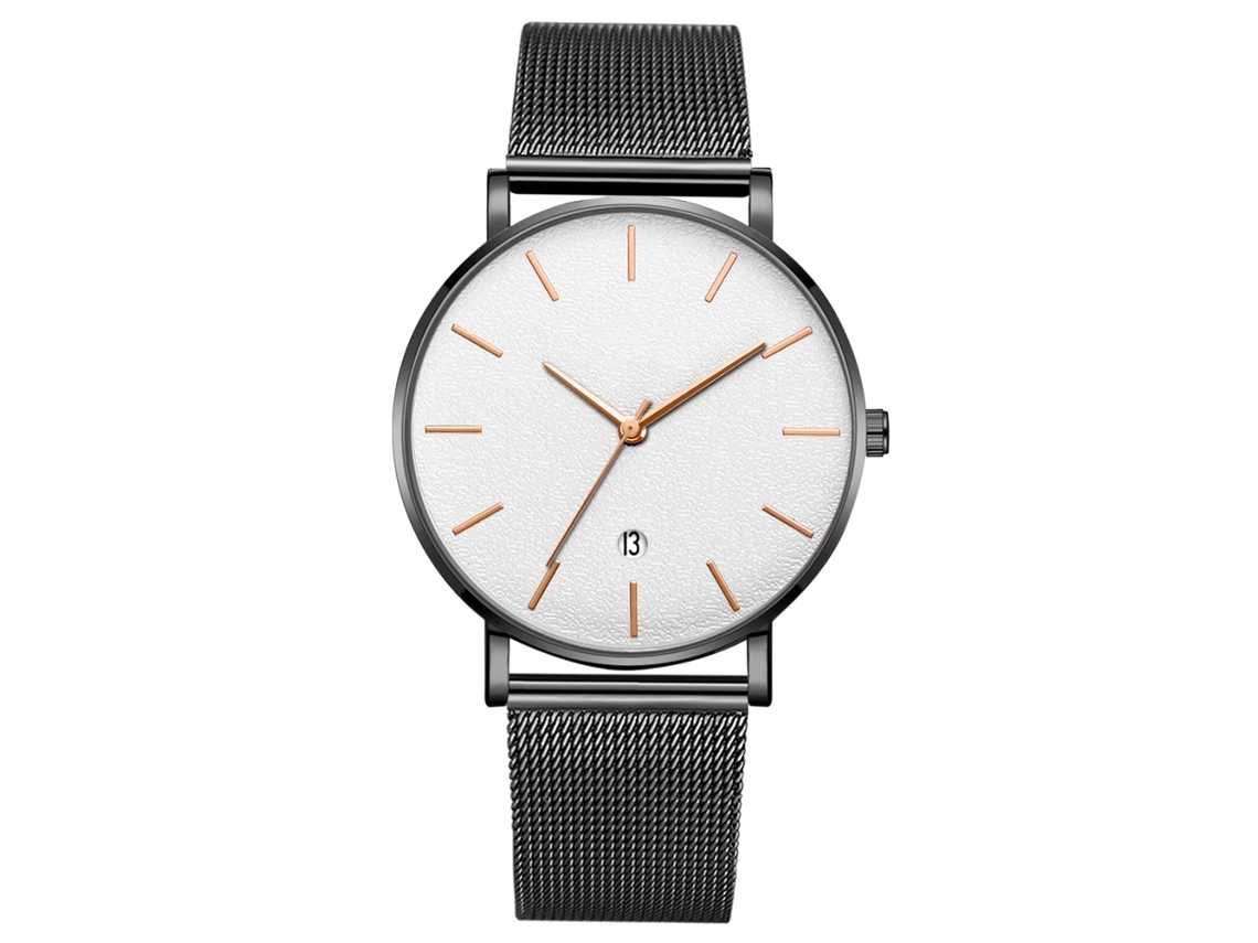 Reloj De Muñeca De Cuarzo Con Dial Redondo Moda (cinturón Negro Caja Negra Espejo Blanco Agujas Doradas Rosa)