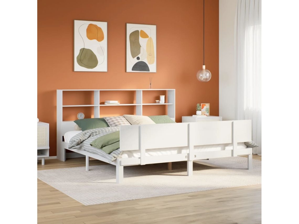 Cama De Matrimonio | Cama Para Adultos | Cama Con Estantería Sin Colchón Madera Maciza Blanca 180x200 Cm