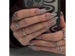 Uñas Postizas Acrílicas Medianas Color Almendra Con Remolino Cromado Y Perla Plateada (24 Unidades)