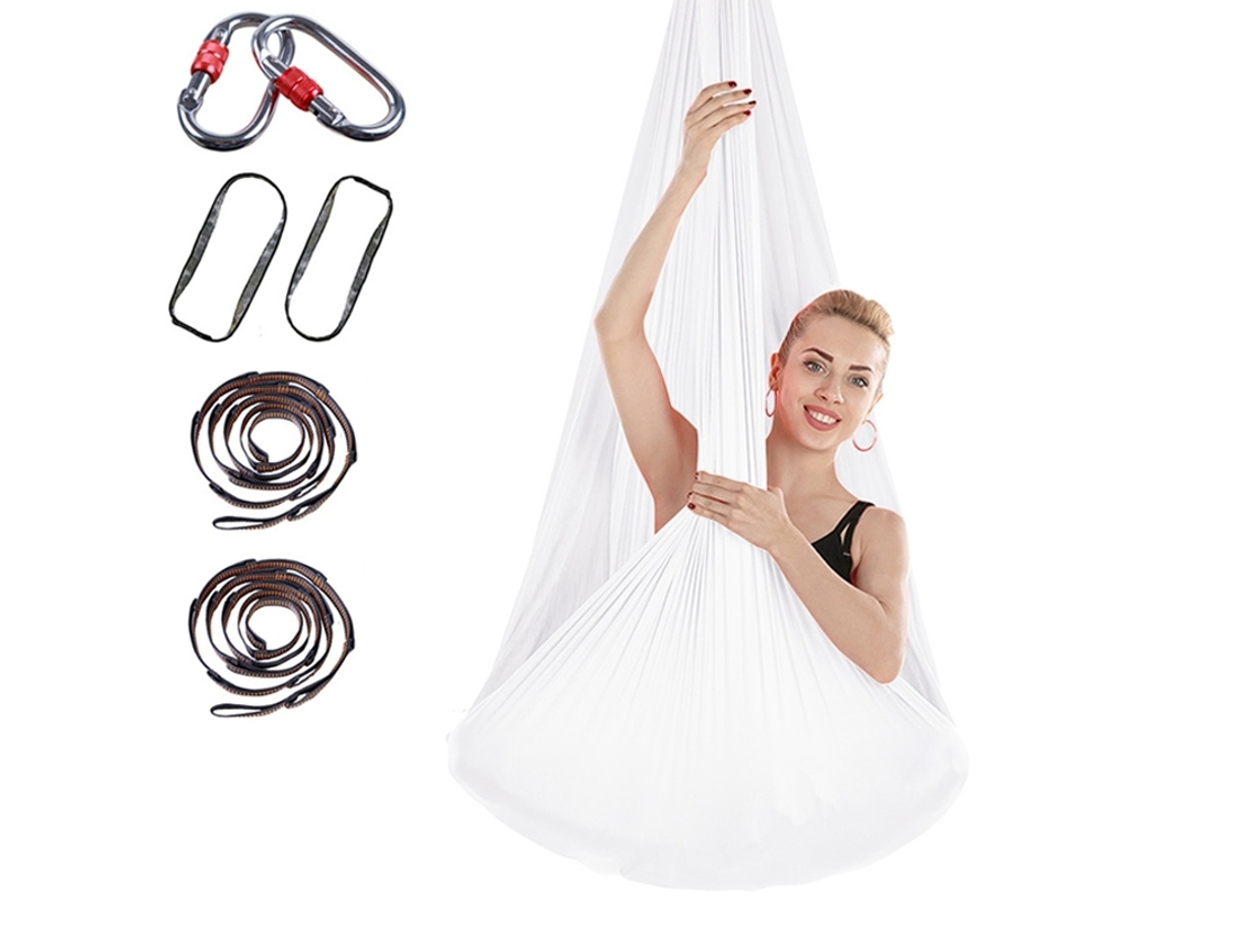 Hamaca de yoga de 400 x 280 cm con correa de extensión y cierre (blanca)