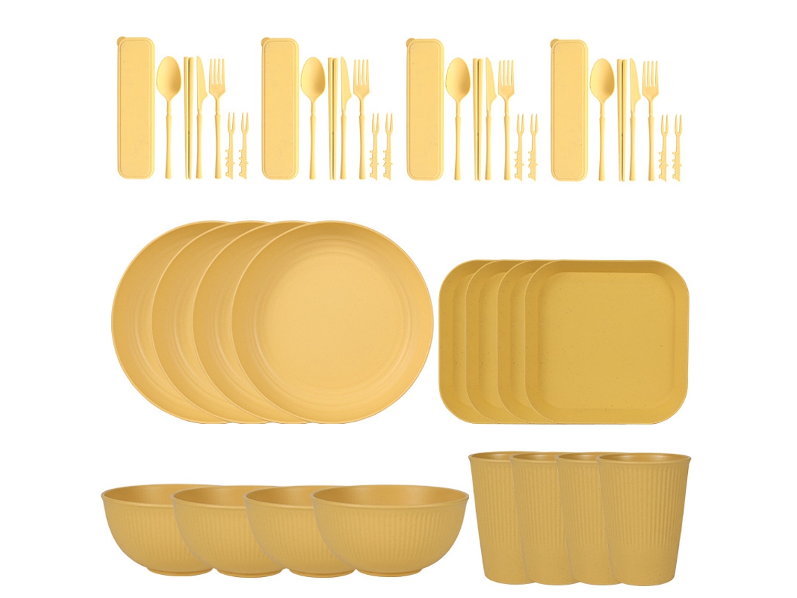 Juego de cubiertos de paja de trigo de 44 piezas, platos y cuencos reutilizables resistentes, amarillo Digitallab