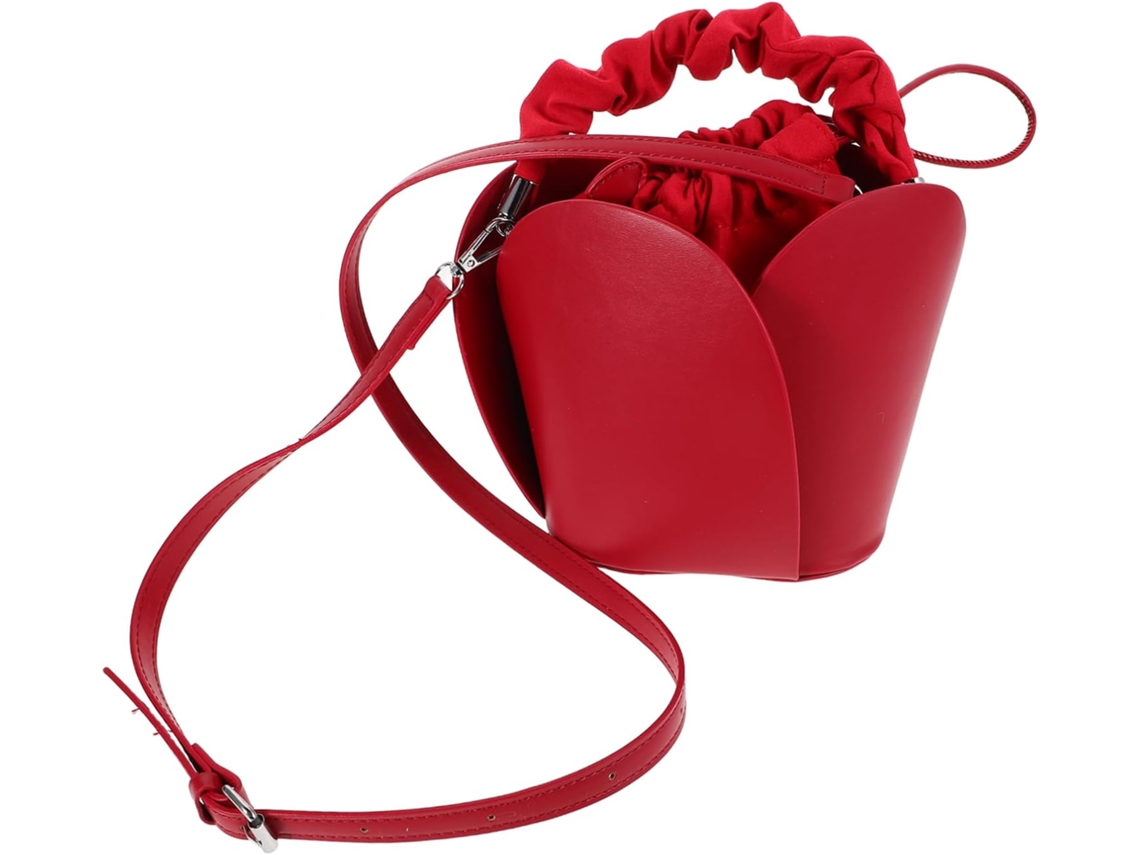 Bolsa Saco Feminina De Couro Vermelho Com Cordão, Elegante Mini Bolsa De Ombro Para...