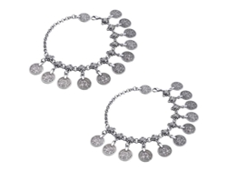 2pcs Pulseras Para Tobillo Étnicas Con Monedas Y Borlas Boho Ajustables Plata