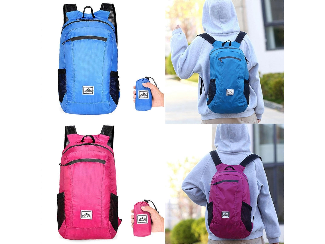 Mochila ultraligera e impermeable para acampar, hacer senderismo, escalar y andar en bicicleta. Plegable e ideal para viajar. Color rosa.
