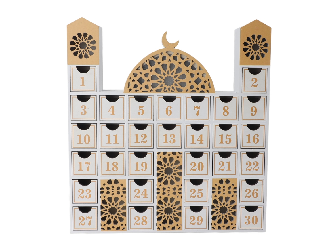 Calendario de cuenta regresiva de madera con luz LED para el Ramadán y el Eid.