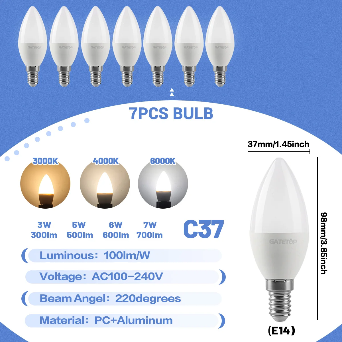 (7 Bombillas, Luz Blanca Fría De 6000k) Bombillas Led Tipo Vela E14, Lámparas Colgantes Decorativas, Adecuadas Para Salas De Estar Familiares.