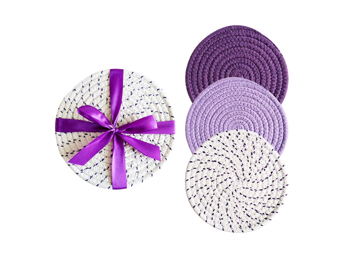 Juego de 3 posavasos elegantes, trípode con aislamiento térmico, 18 cm, morado.