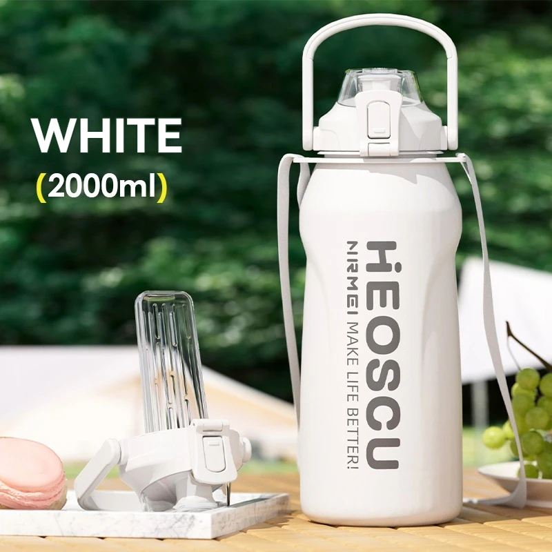 Botella De Agua De Acero Inoxidable Con Aislamiento Al Vacío, Gran Capacidad, Ideal Para Deportes (blanca, 2000 Ml).
