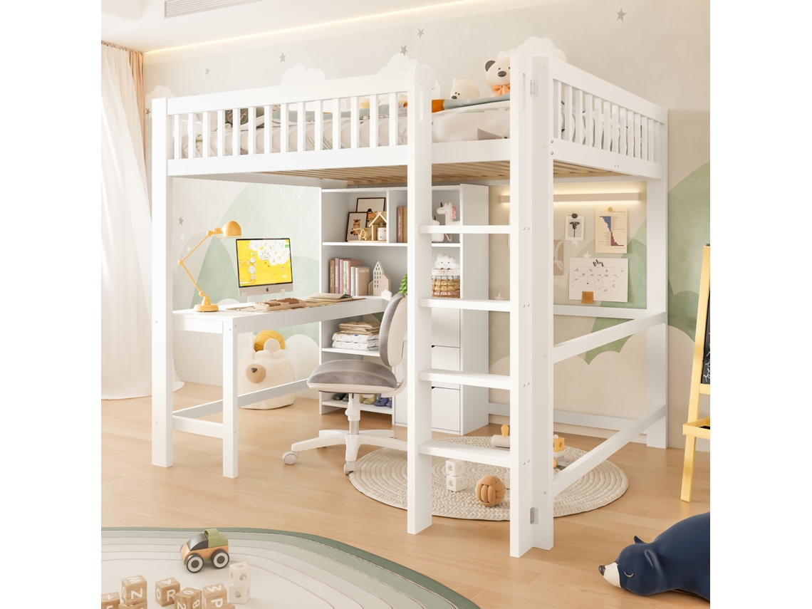 Cama alta 140x200 cm, librería, escalera, escritorio, 3 cajones, mueble blanco.