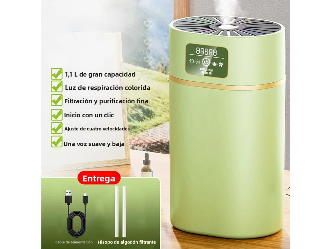 Humidificador Silencioso (verde), De Gran Capacidad (1100 Ml), Con Difusor Y Luz Ambiental.