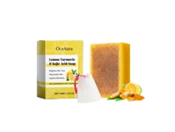 Jabón blanqueador Oceaura con limón, cúrcuma y ácido kójico.