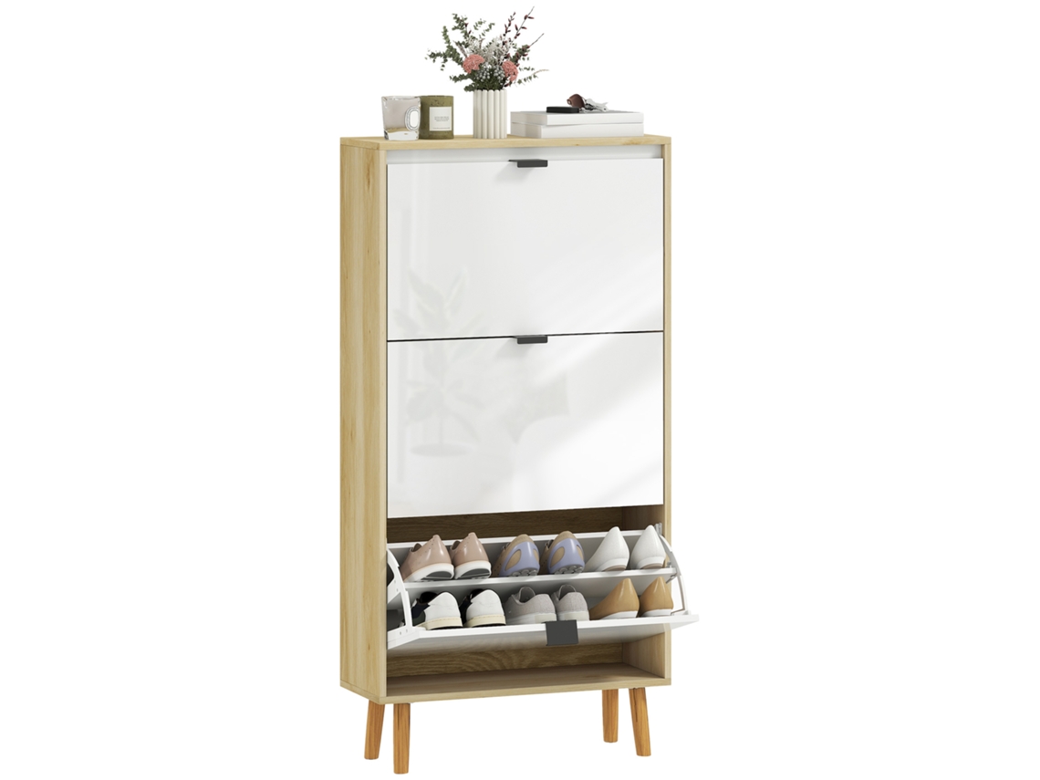 Zapatero estrecho, 3 cajones basculantes, acabado brillo, 60x24x127cm, blanco