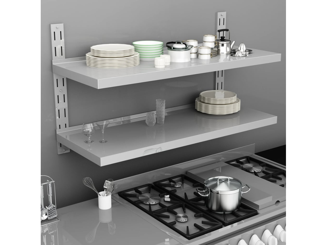 Estante de pared suspendido de 2 niveles, 120 x 30 cm, acero inoxidable, DKD Home Decor